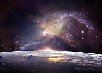 Earth Horizon With Spiral Galaxy And Starry Sky Space Background