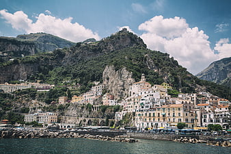 Aerial View of Amalfi Coast Town on Cliffside