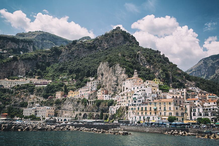 Aerial View of Amalfi Coast Town on Cliffside