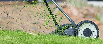 Manual Lawn Mower Cutting Grass with Flying Clippings