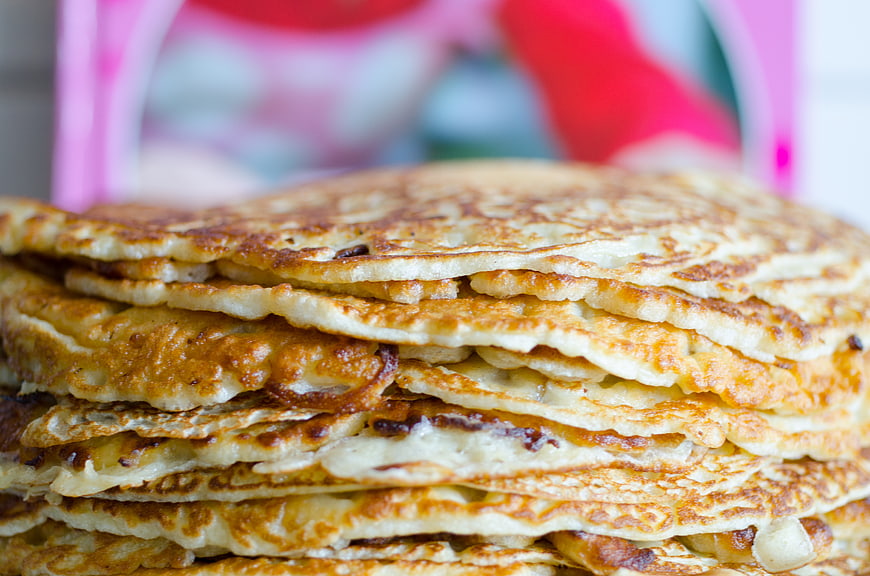 Close-up of golden homemade pancakes stack