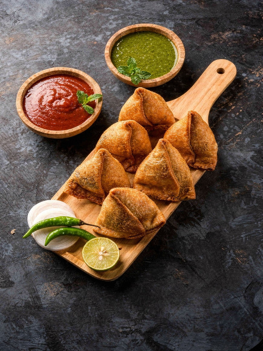 Crispy Samosas with Chutney on Wooden Board