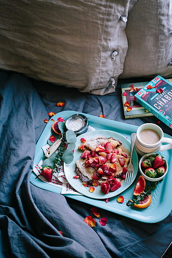 Breakfast in Bed with Pancakes, Strawberries, and Coffee