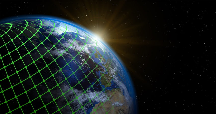 Digital Earth Globe With Green Network Grid In Space