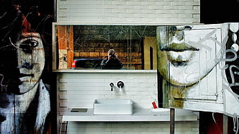 Modern White Sink in Graffiti Art Bathroom Interior
