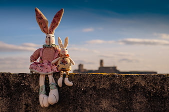 Vintage Fabric Rabbit Toys Sitting on Stone Wall