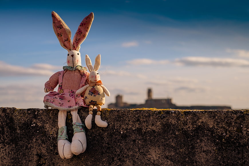 Vintage Fabric Rabbit Toys Sitting on Stone Wall