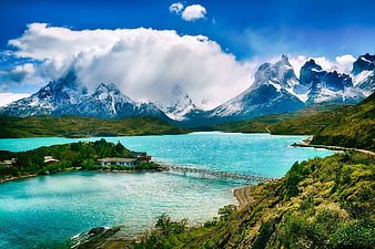 Turquoise Lake And Snowy Mountains In Chilean Wilderness