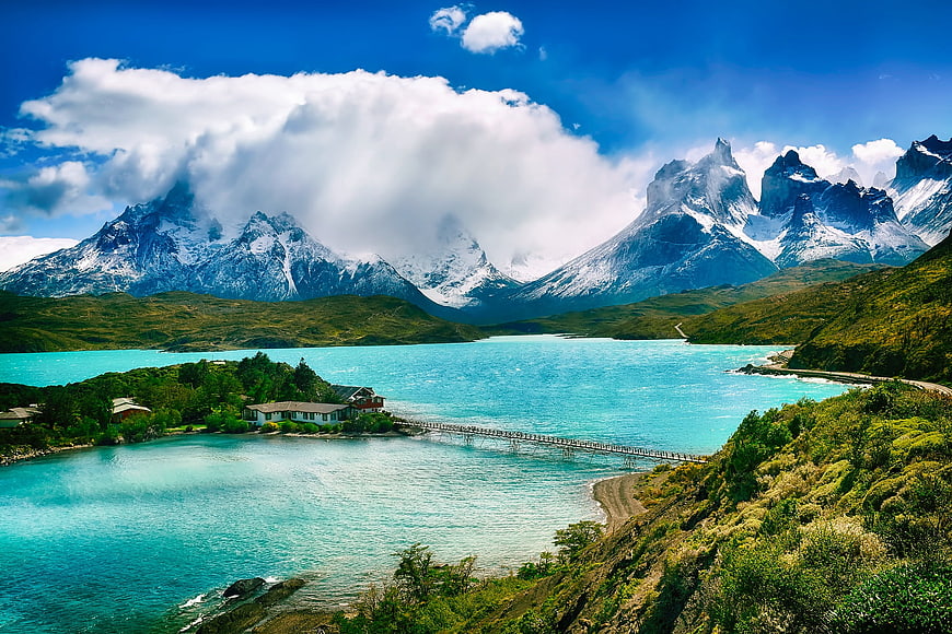 Turquoise Lake And Snowy Mountains In Chilean Wilderness