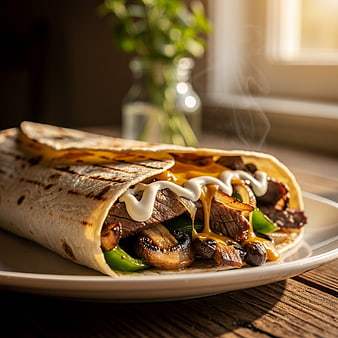 Grilled Beef and Mushroom Burrito with Cheese and Sour Cream