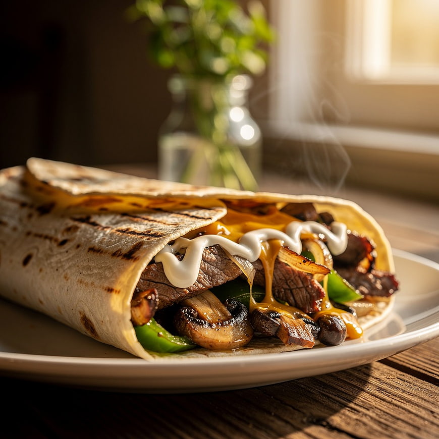 Grilled Beef and Mushroom Burrito with Cheese and Sour Cream