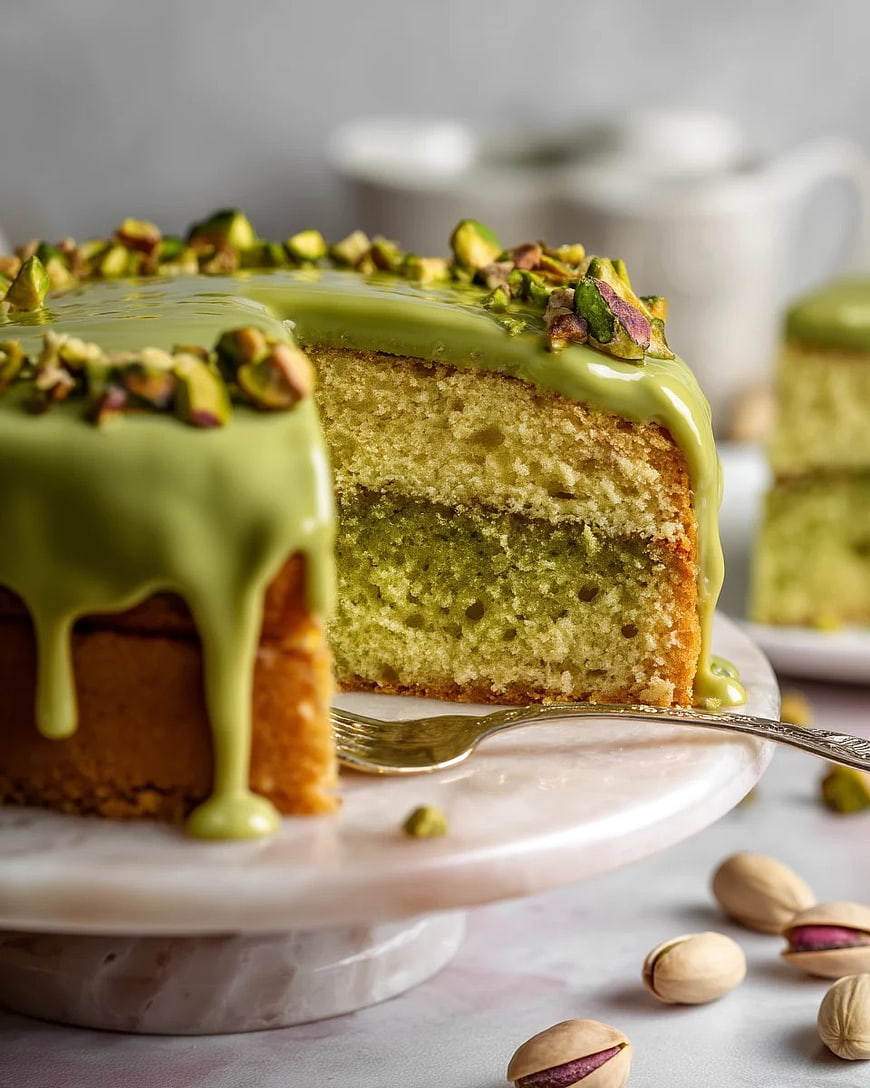Matcha Pistachio Layer Cake with Green Glaze