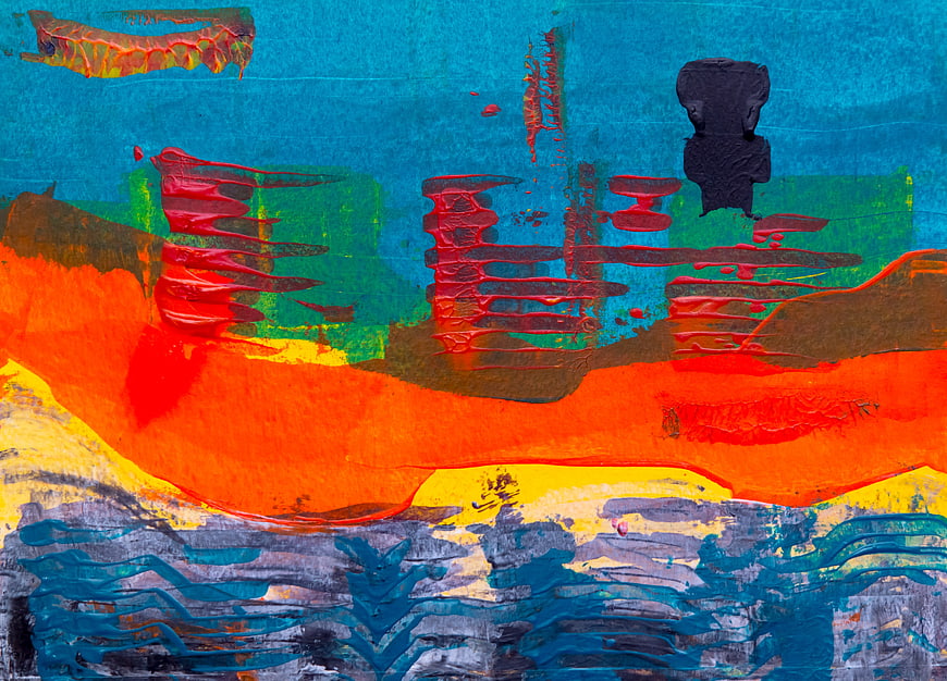 Abstract colorful textured painting with vibrant orange and blue brushstrokes