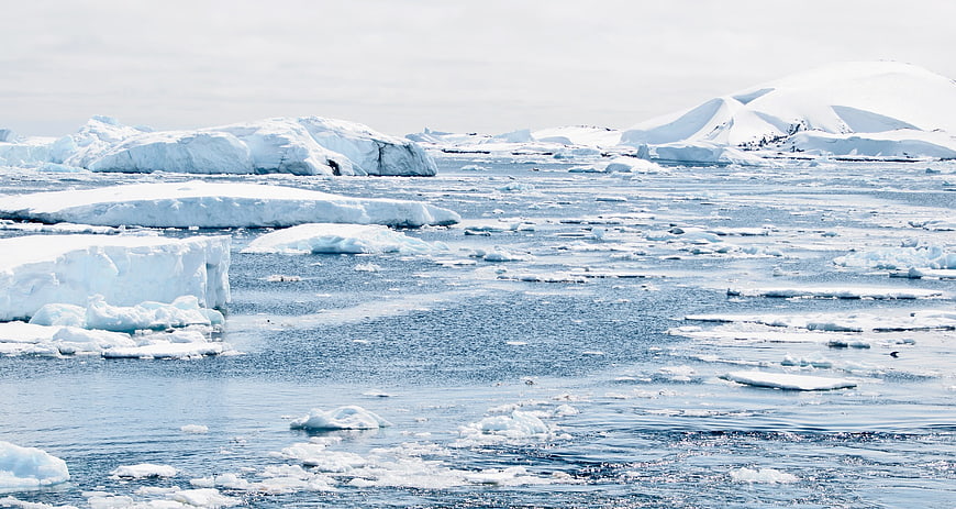 Antarctic Icebergs and Snowy Mountains in Frozen Ocean