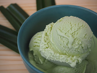 Close-up of Pandan Ice Cream in Blue Bowl