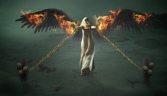 Dark Fantasy Fallen Angel with Burning Wings and Chains