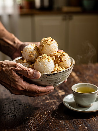 Hands Holding Bowl of Rice Balls with Crushed Nuts and Tea