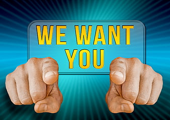 We Want You Sign With Pointing Fingers On Blue Background