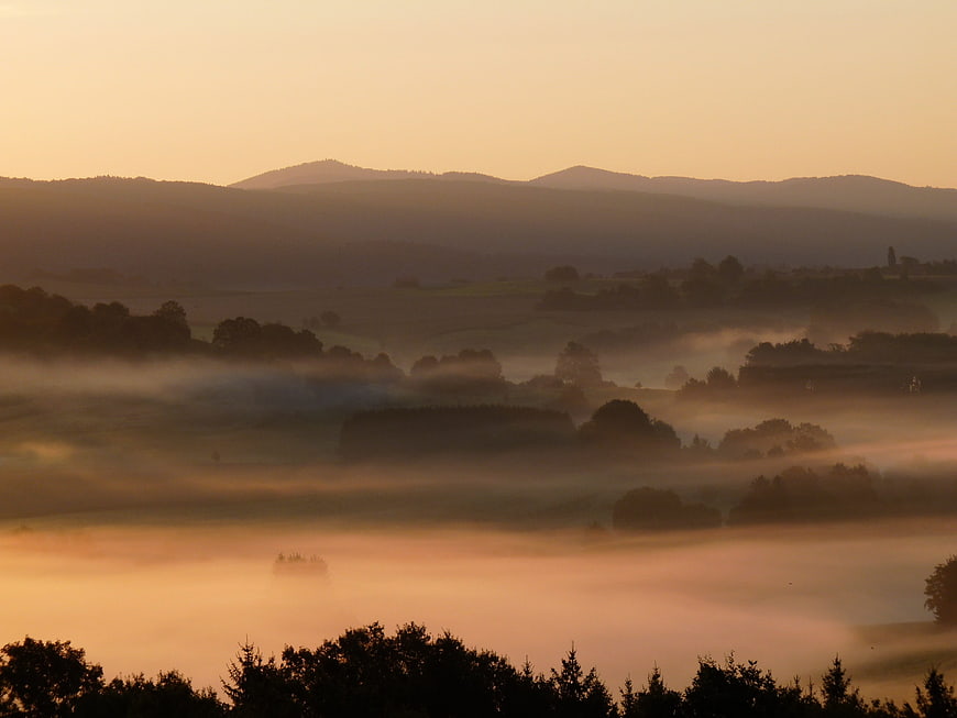 Misty Sunrise Over Rolling Hills and Forested Landscape