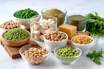 Assortment of healthy legumes, nuts, and tofu in bowls