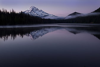 Serene Lake Reflection of Snow-Capped Mountain at Dusk