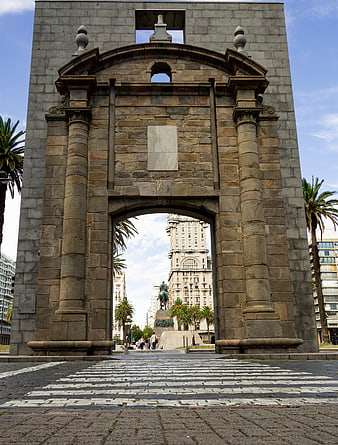 Low angle view of Rua Augusta Arch in Lisbon, Portugal