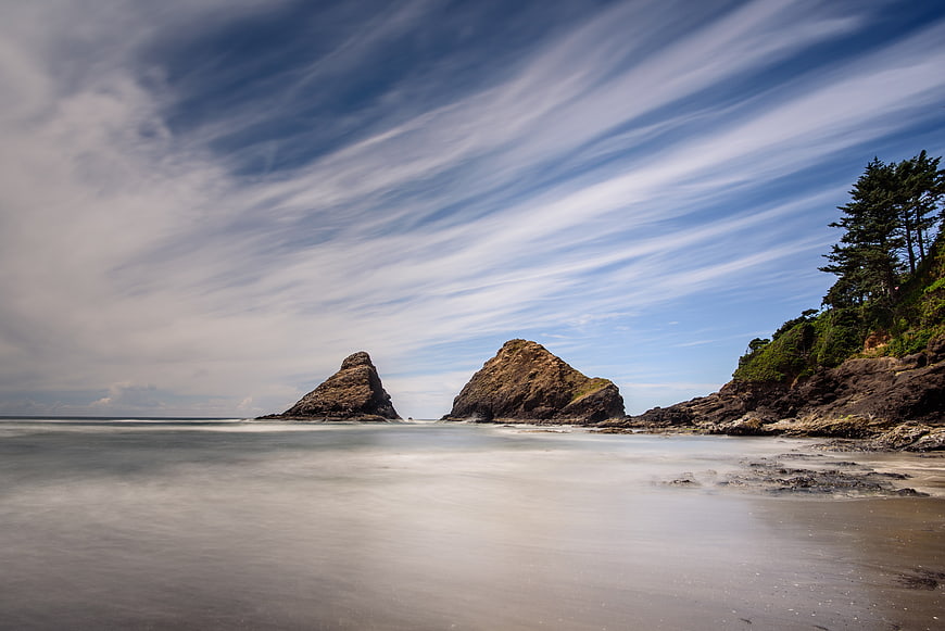 Long Exposure Coastal Landscape with Sea Stacks and Streaked Clouds
