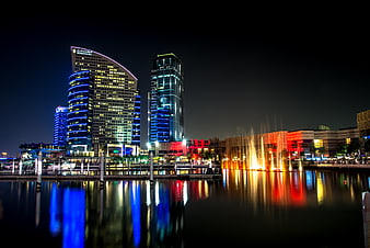 Night Skyline of The Walk at JBR Dubai Marina with Fountain