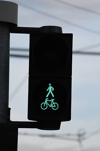 Green pedestrian and bicycle traffic signal against overcast sky