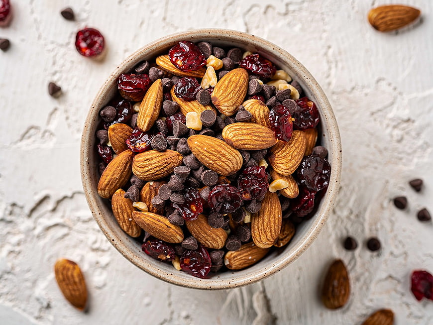 Top View of Almond and Cranberry Trail Mix in Bowl