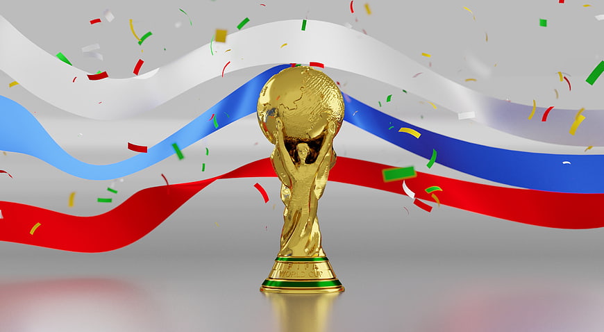 FIFA World Cup Trophy with Russian Flag and Confetti