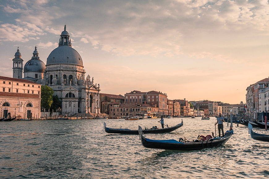 Gondolas on the Grand Canal in Venice at Golden Hour