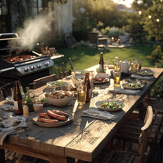 Rustic Outdoor Summer Barbecue Feast on Wooden Table