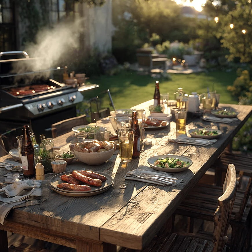 Rustic Outdoor Summer Barbecue Feast on Wooden Table