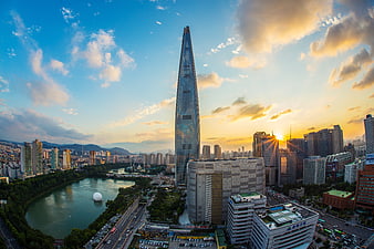 Lotte World Tower Seoul Sunset Aerial View