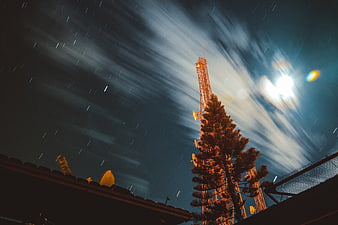 Long Exposure Night Sky with Star Trails and Cell Tower