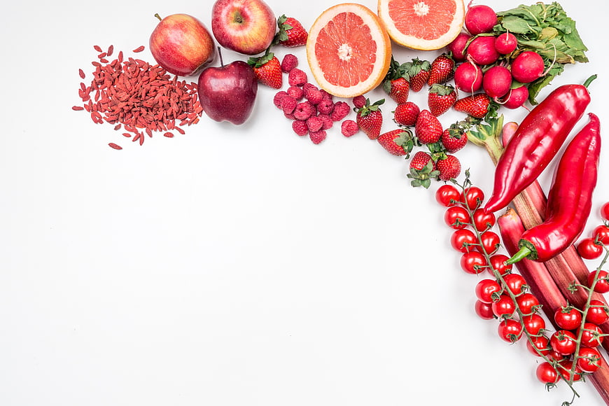 Top View Red Fruits and Vegetables on White Background