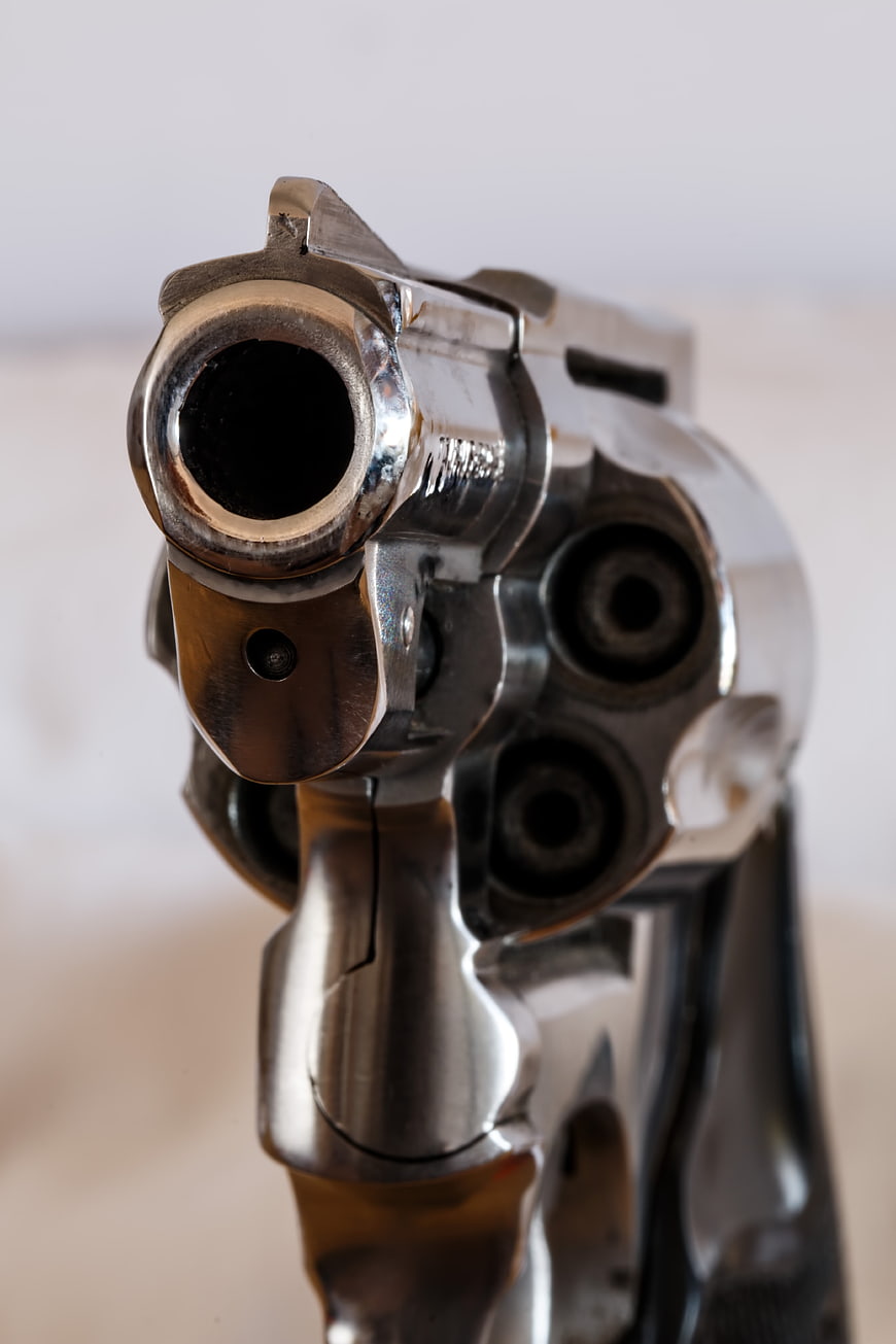 Close-up of Chrome Revolver Barrel and Cylinder