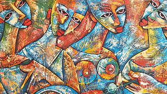 Vibrant Cubist Painting of Multiple Faces with Blue and Red Tones