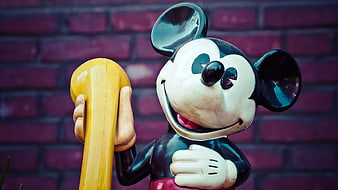 Vintage Mickey Mouse Statue Holding Yellow Phone