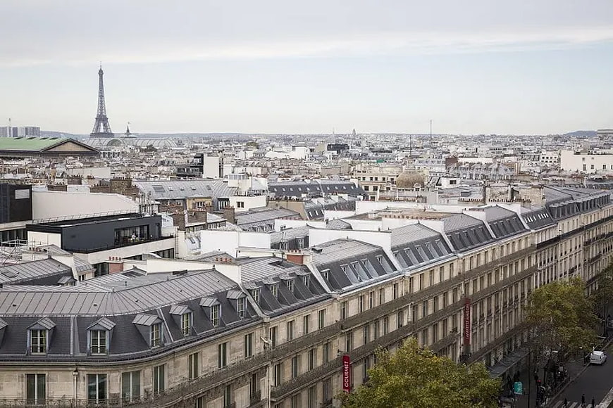 Panoramic View of Paris Rooftops and Eiffel Tower
