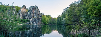 Externsteine Rock Formation Reflection in Lake Teutoburg Forest Germany