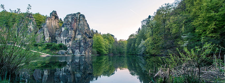 Externsteine Rock Formation Reflection in Lake Teutoburg Forest Germany