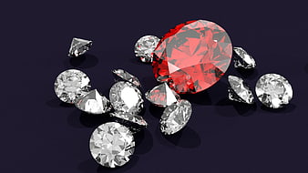 Large red ruby gemstone surrounded by scattered white diamonds on dark background