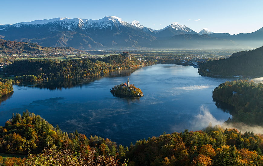 Aerial View of Bled Lake and Island in Autumn