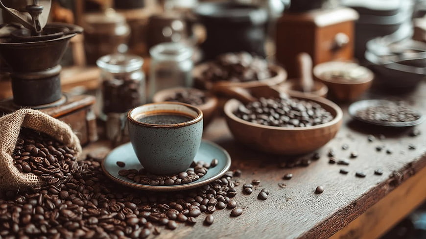 Rustic Coffee Cup with Roasted Beans on Wooden Table