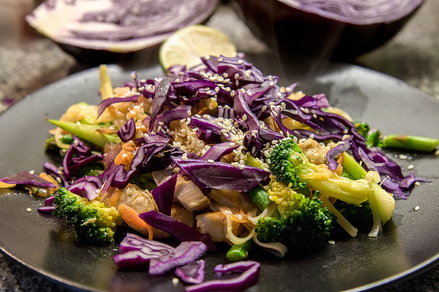 Asian Chicken Stir Fry With Broccoli And Purple Cabbage