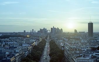 Vintage Paris Cityscape with La Défense Skyline at Sunset