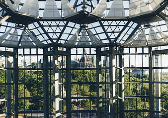 Modern Glass Pavilion Interior with Berlin Cathedral View