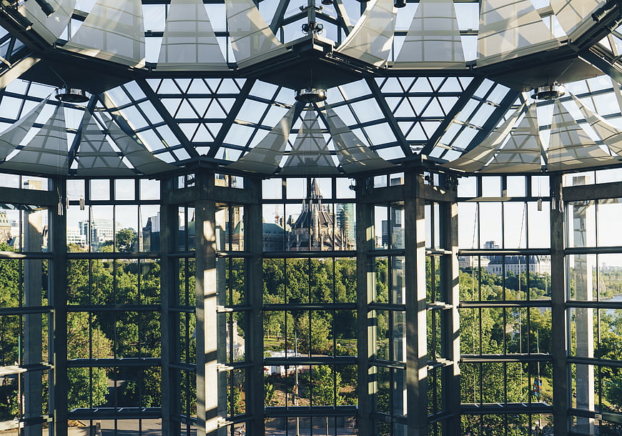 Modern Glass Pavilion Interior with Berlin Cathedral View